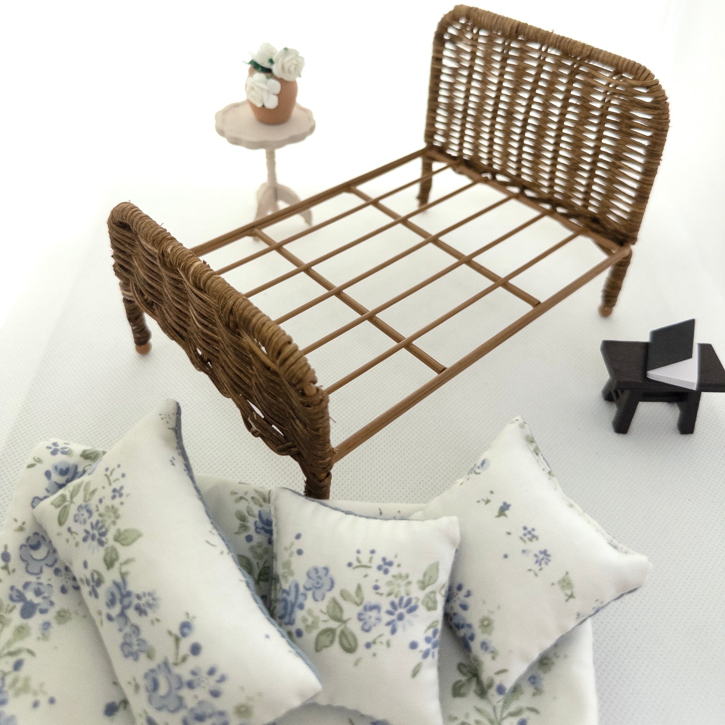 The Attic Rattan Bed & Bedding Set - Blue Floral & Walnut