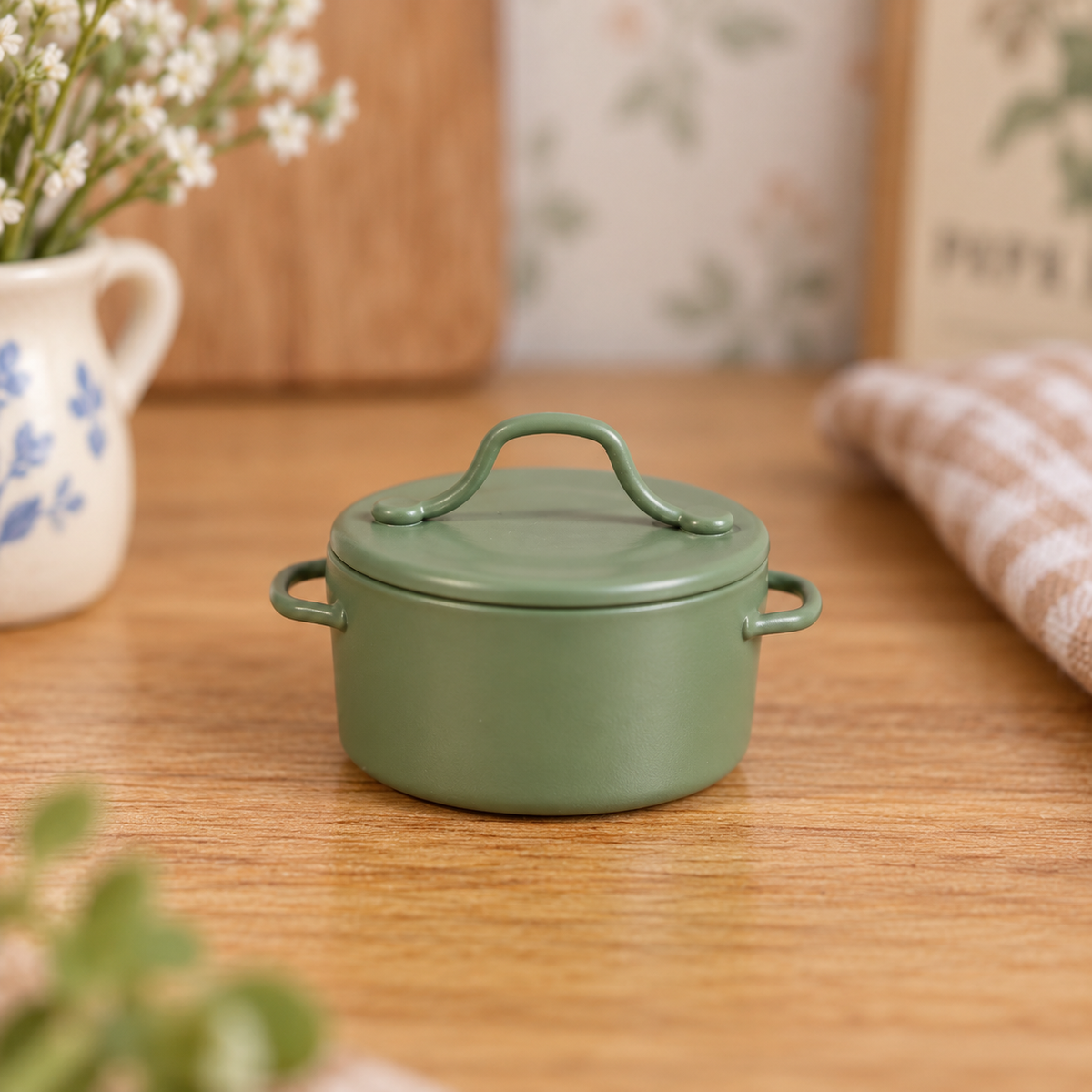 Miniature Green Metal Cooking Pot with Lid