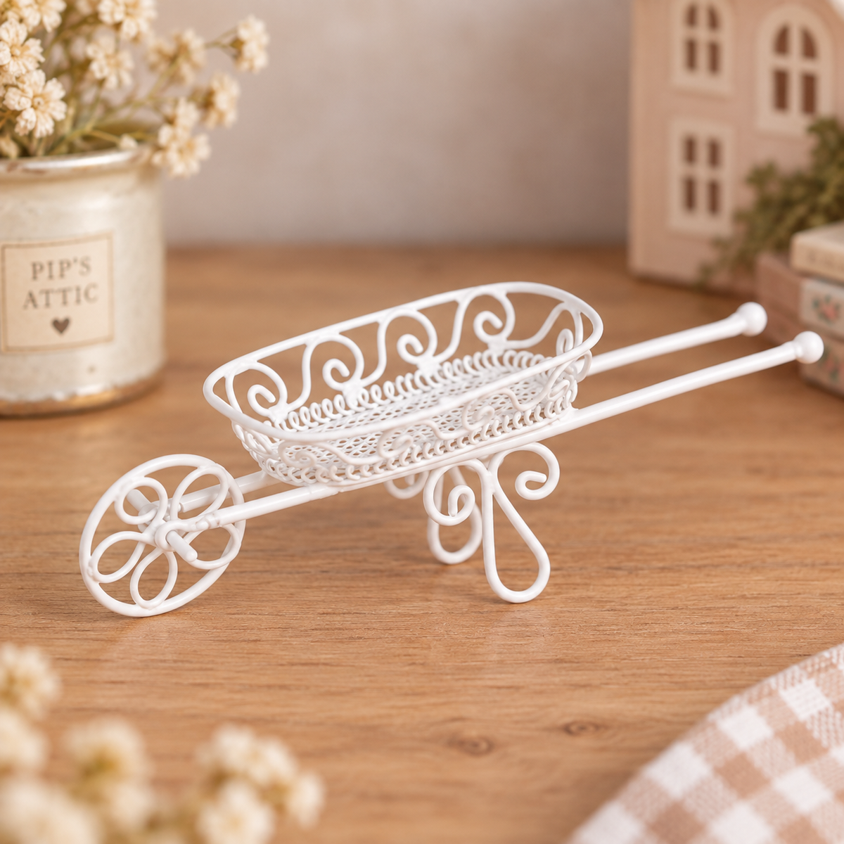 Miniature Ornate White Metal Wheelbarrow