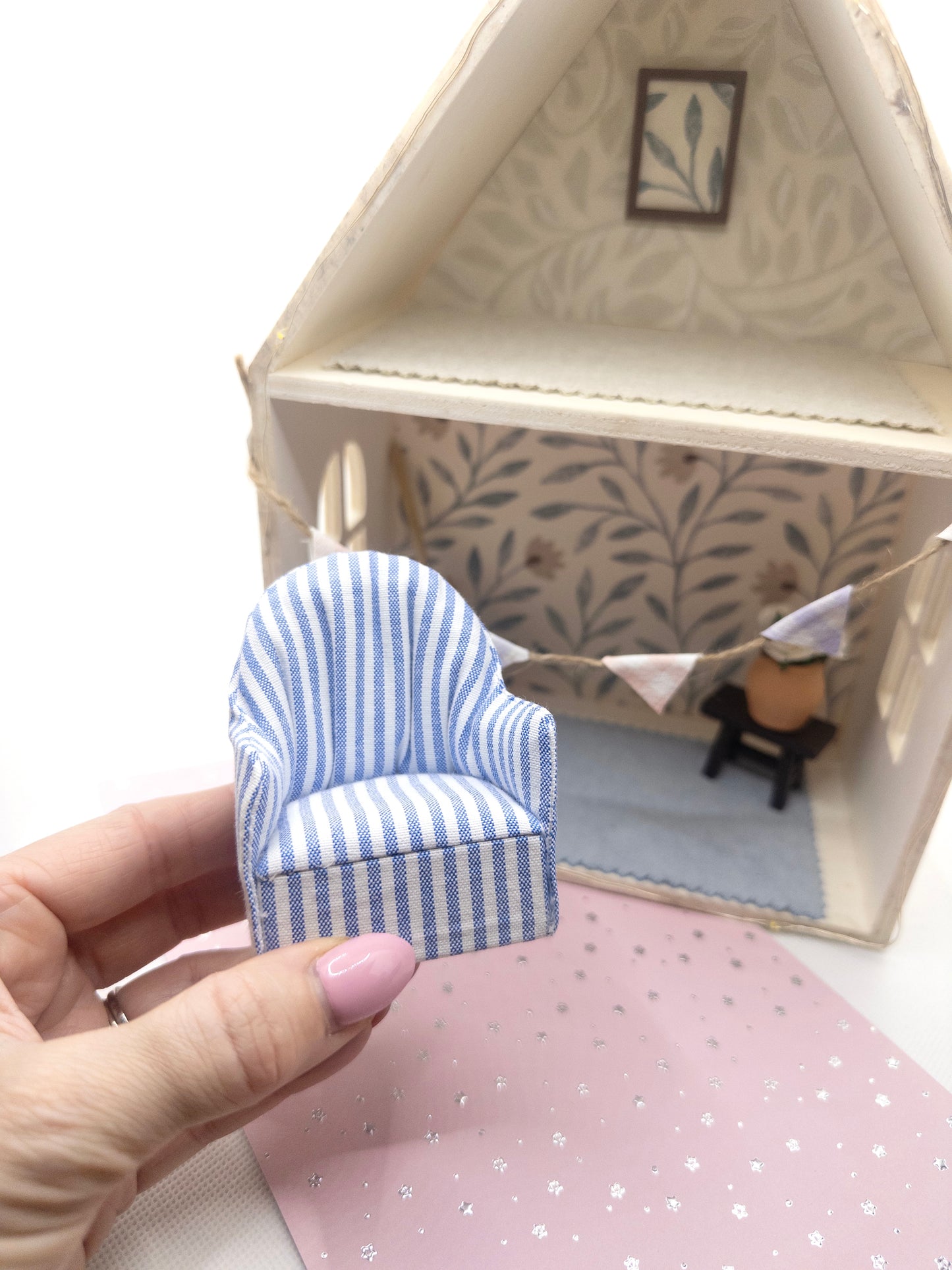 Blue & White Striped Miniature Curved Chair