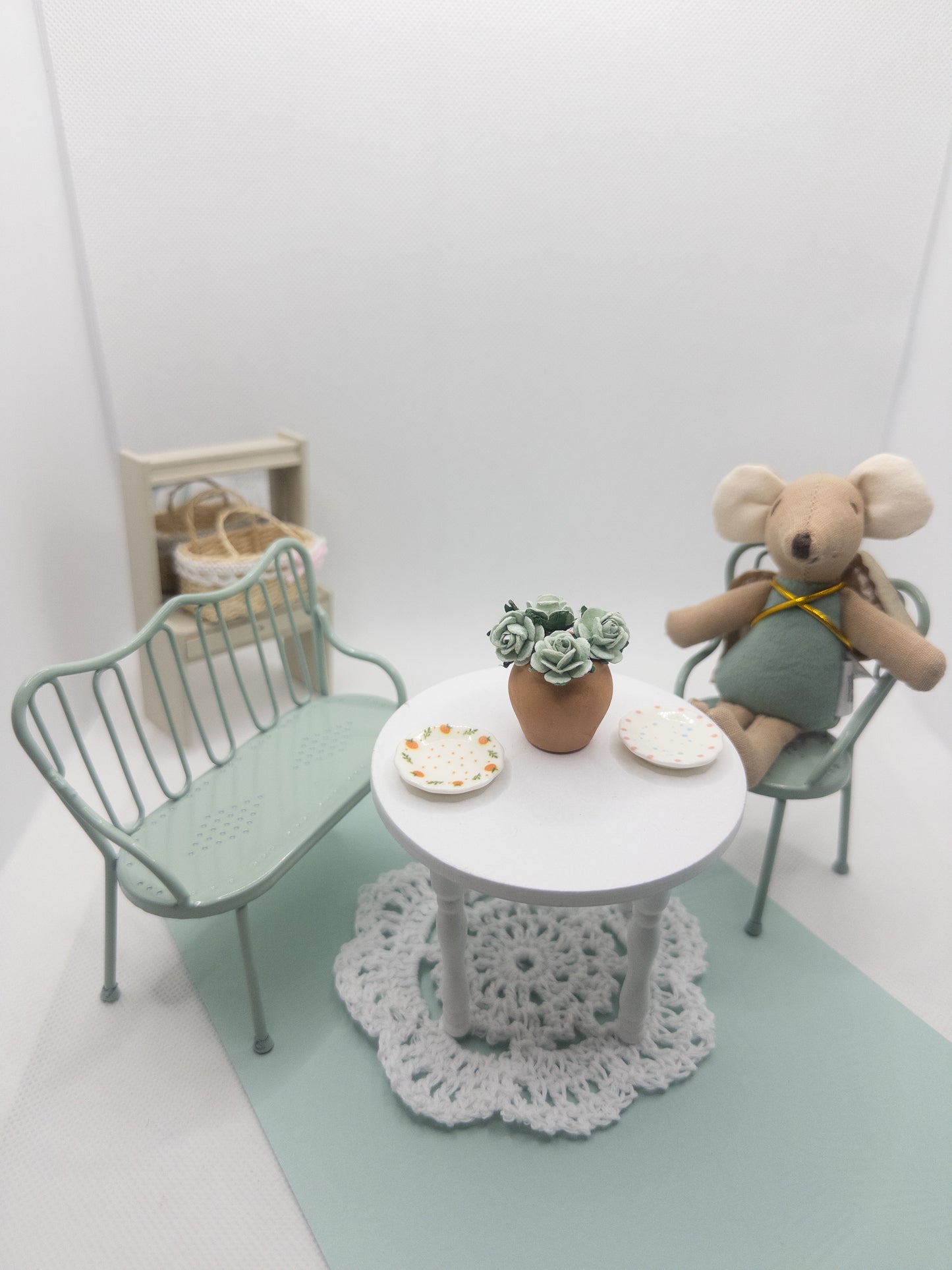 Miniature Mint Green Metal Bench