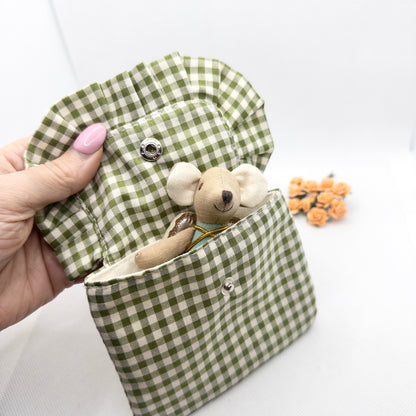Mouse in a Pouch - Green Gingham