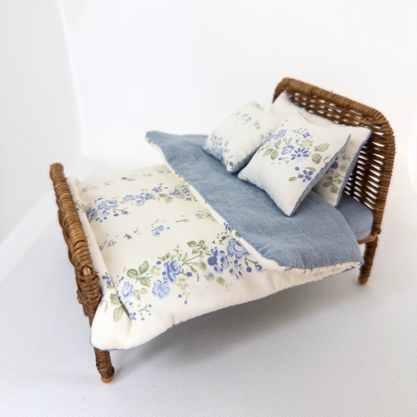 The Attic Rattan Bed & Bedding Set - Blue Floral & Walnut