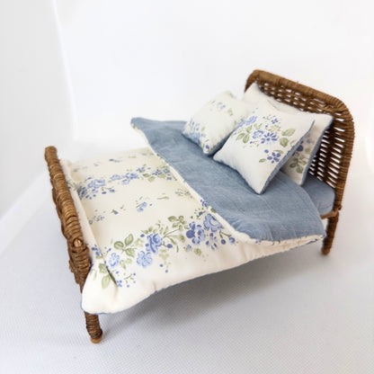 The Attic Rattan Bed & Bedding Set - Blue Floral & Walnut