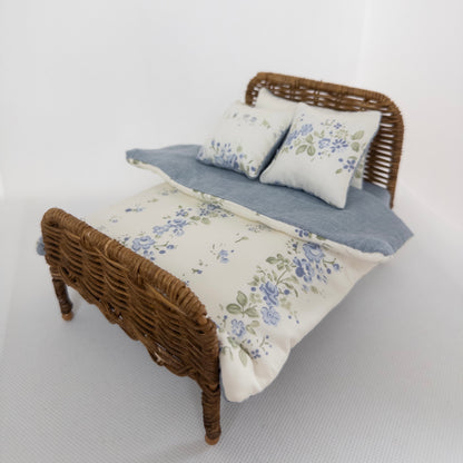 The Attic Rattan Bed & Bedding Set - Blue Floral & Walnut