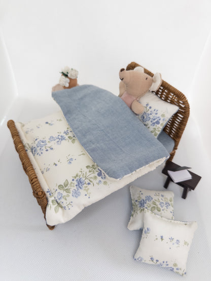 The Attic Rattan Bed & Bedding Set - Blue Floral & Walnut