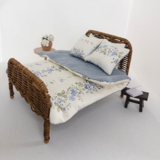 The Attic Rattan Bed & Bedding Set - Blue Floral & Walnut