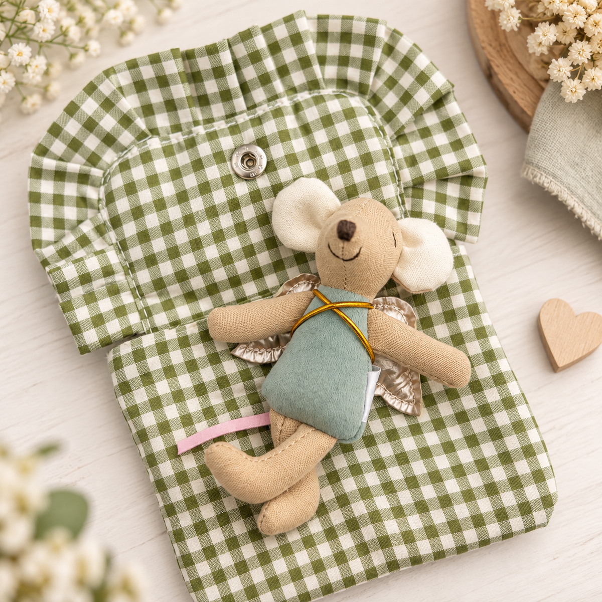 Fairy Mouse in a Pouch - Green Gingham