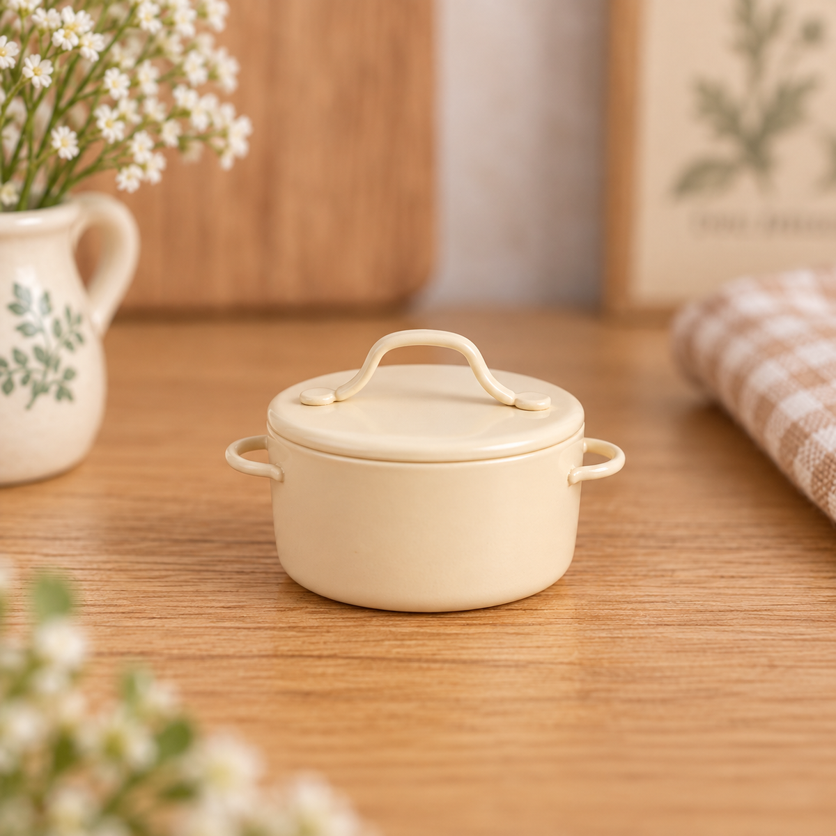 Miniature Cream Metal Cooking Pot with Lid