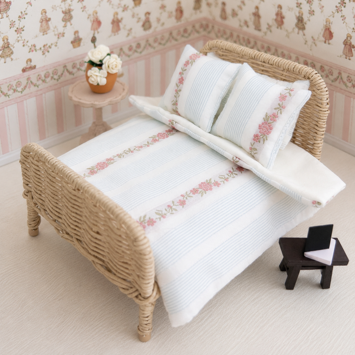 The Attic Rattan Bed & Bedding Set - Floral & Oak