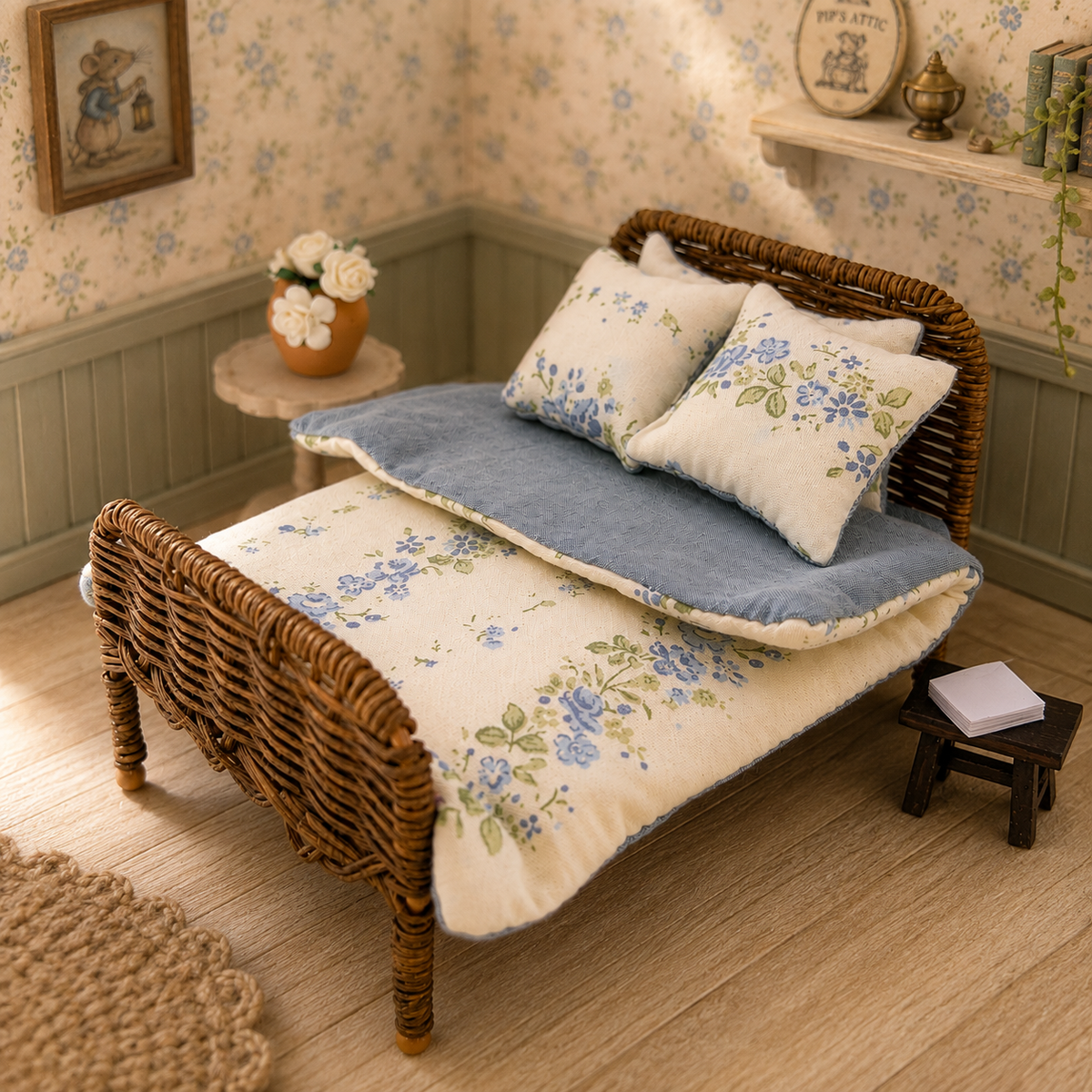 The Attic Rattan Bed & Bedding Set - Blue Floral & Walnut